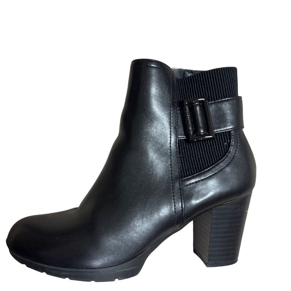 Anne Klein Black Leather Block Heel Ankle Boots Side Zip Buckle Womens 6 Fall